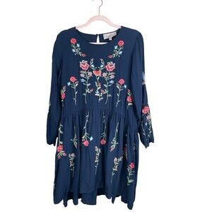 Philosophy Women Size M Blue Flower Embroidered Long Sleeve‎ Pleated Waist Dress